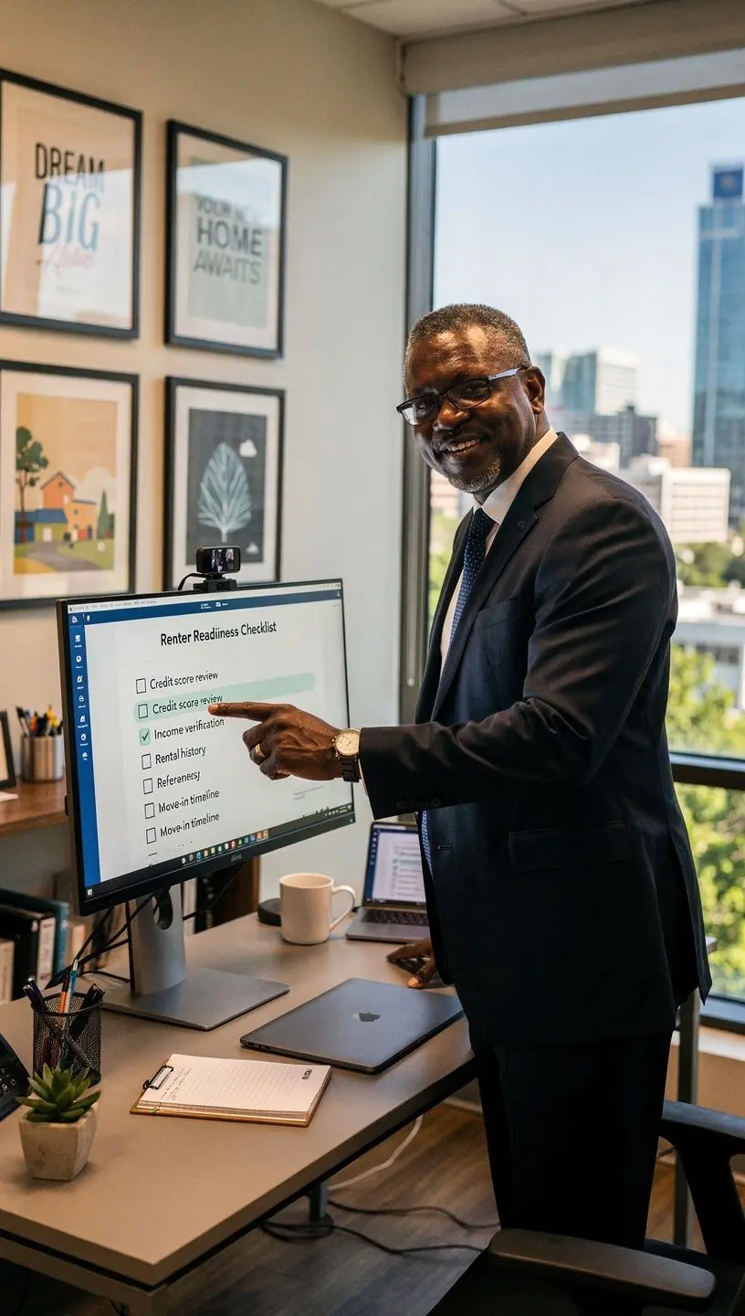 Rodzina przeglądająca dostępne oferty wynajmu mieszkań w biurze.